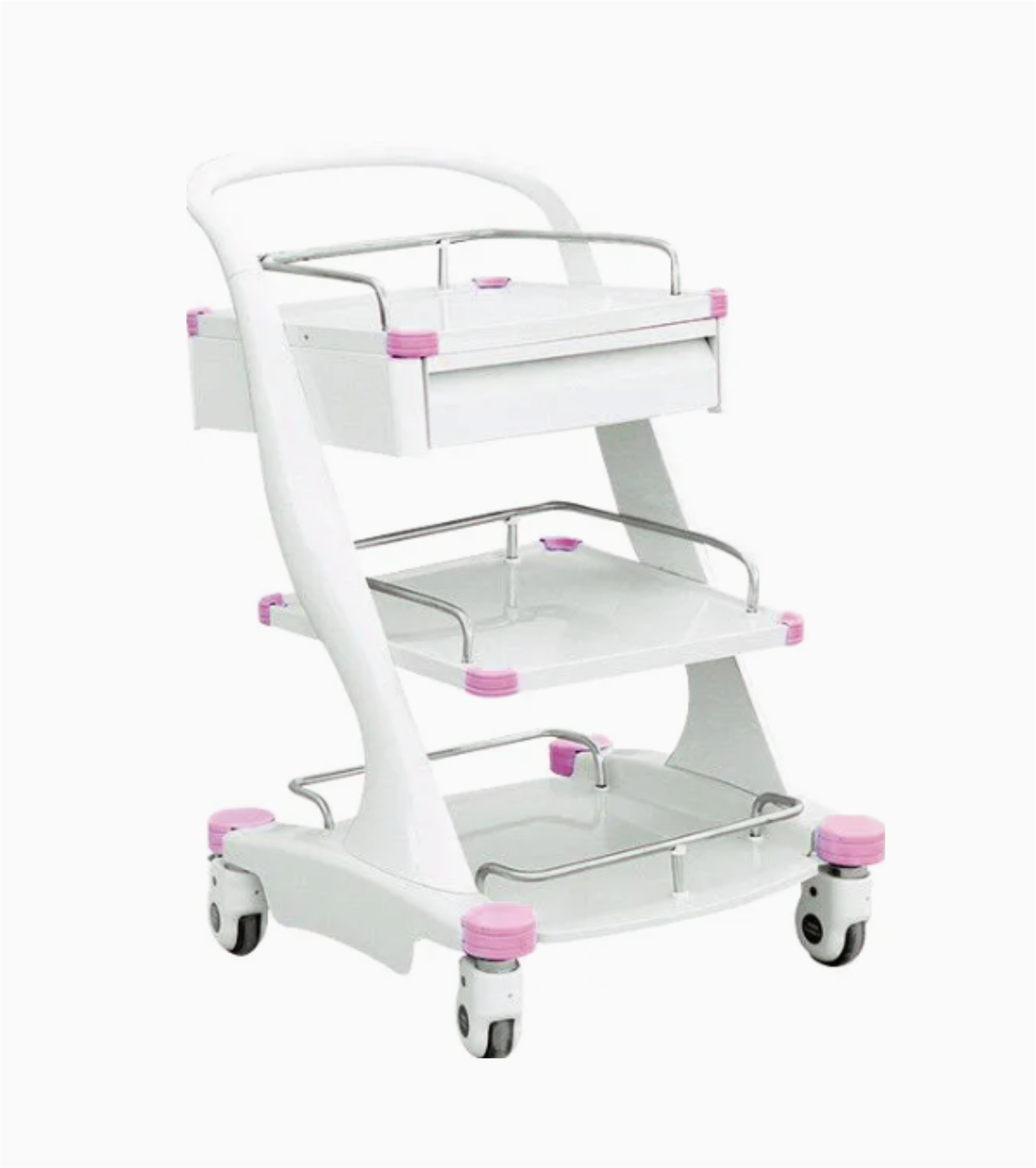 3-Tier-Pink.jpg Treatment Trolley 3 Tier – Pink with Detachable Guardrail - Image 1